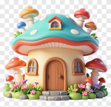 3D Mushroom House With Colorful Fungi And Flowers PNG