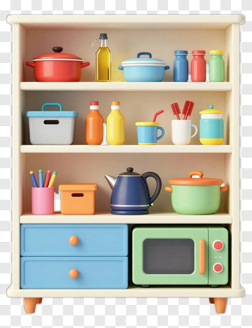 Colorful Kitchen Shelf With Pots And Utensils PNG