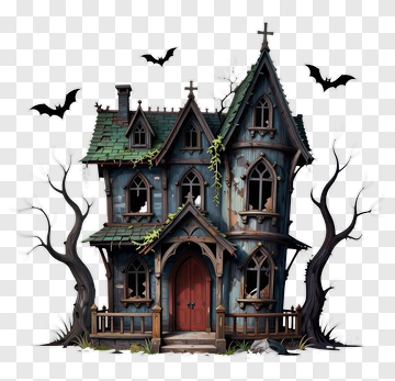 Haunted House With Bats And Trees PNG