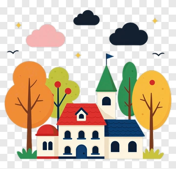 Colorful House Surrounded By Trees And Clouds PNG