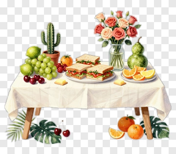 Table Set With Sandwiches, Fruits, And Flowers PNG