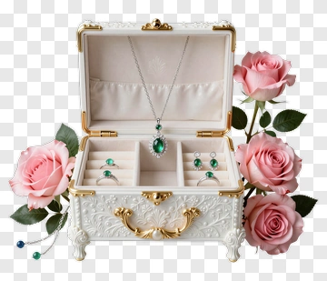 Jewelry Box With Green Necklace And Pink Roses PNG