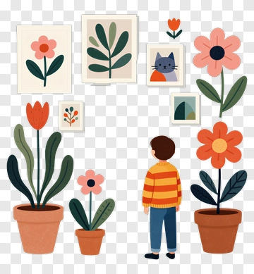 Child Looking At Flower Pots And Artwork PNG