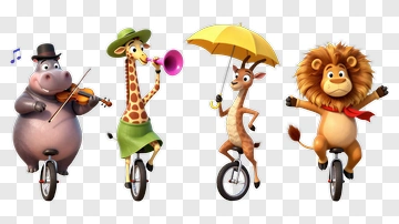 Cartoon Animals Riding Unicycles PNG