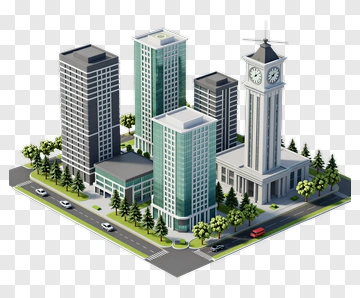 Modern Cityscape With Skyscrapers And Clock Tower PNG