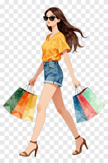 Fashionable Woman Shopping With Colorful Bags PNG