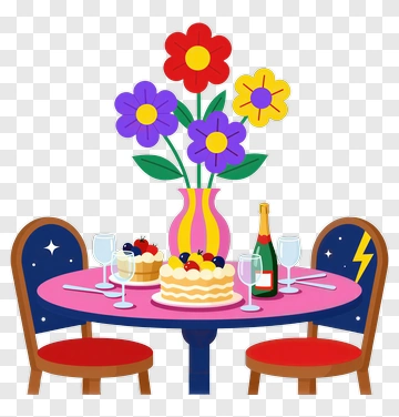 Colorful Table Setting With Cake And Flowers PNG