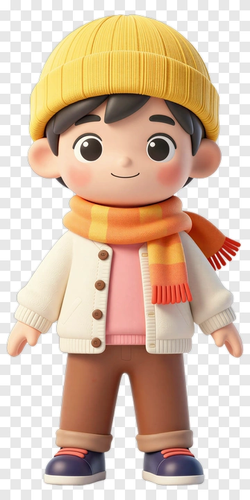 3D Cartoon Boy Wearing Yellow Beanie And Scarf PNG