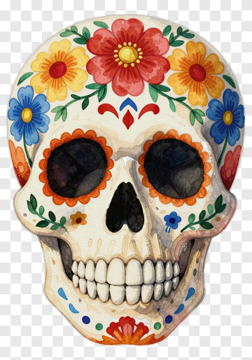 Colorful Sugar Skull With Floral Patterns PNG