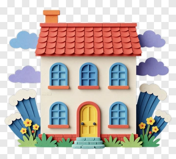 Colorful House With Flowers And Clouds PNG