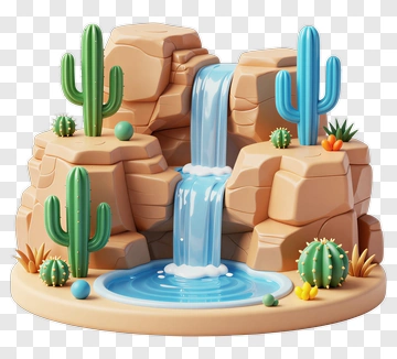 3D Waterfall With Cacti And Rocks PNG