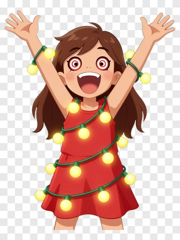 Cartoon Girl Celebrating With Christmas Lights PNG