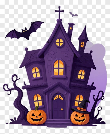 Cartoon Haunted House With Halloween Pumpkins PNG