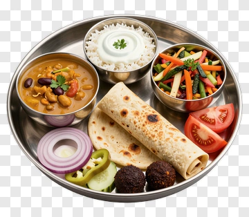 Indian Thali With Rice, Roti, And Vegetables PNG