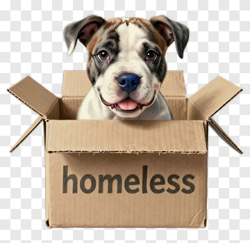 Happy Dog In A Box With Homeless Label PNG