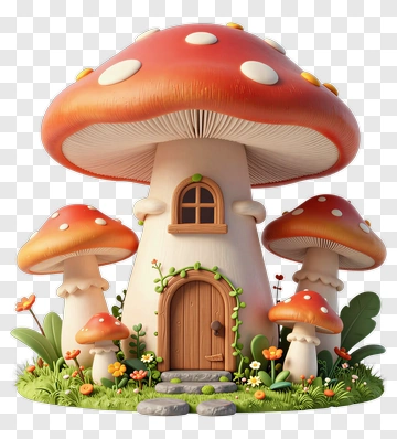 Cartoon Mushroom House Surrounded By Flowers PNG