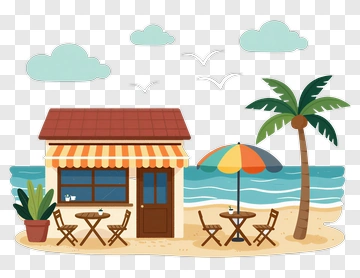 Beachside Cafe With Umbrella And Palm Tree PNG