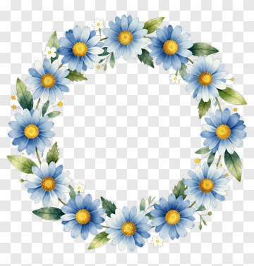 Floral Wreath With Blue Daisies And Green Leaves PNG