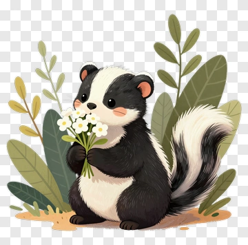 Cartoon Skunk Holding Flowers PNG