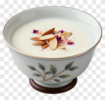 Bowl Of Yogurt With Almonds And Flower Petals PNG