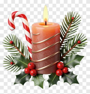 Christmas Candle With Candy Cane And Holly PNG