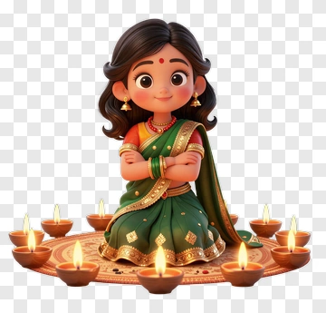 Cartoon Girl In Green Saree Surrounded By Diyas PNG