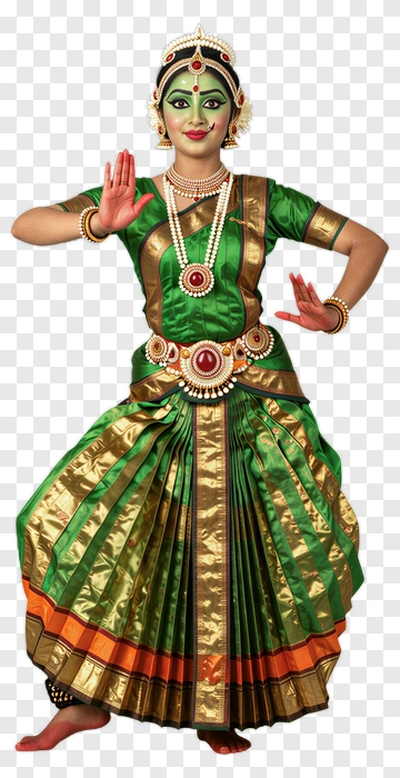 Traditional Dancer In Green And Gold Costume PNG