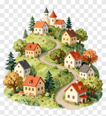 Illustration Of A Quaint Village Landscape PNG