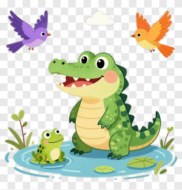 Cartoon Alligator In A Pond With Frogs And Birds PNG