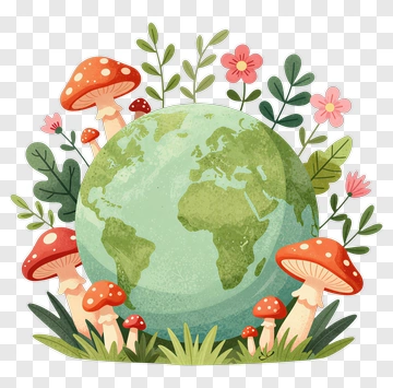 Earth Surrounded By Colorful Mushrooms And Flowers PNG