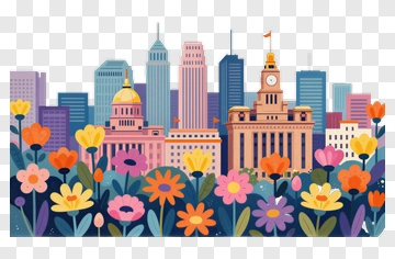 Colorful Cityscape With Flowers PNG