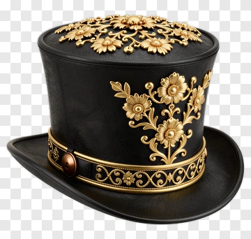 Ornate Black Top Hat With Floral Design PNG