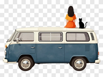 Woman Sitting On A Vintage Van With A Cat PNG