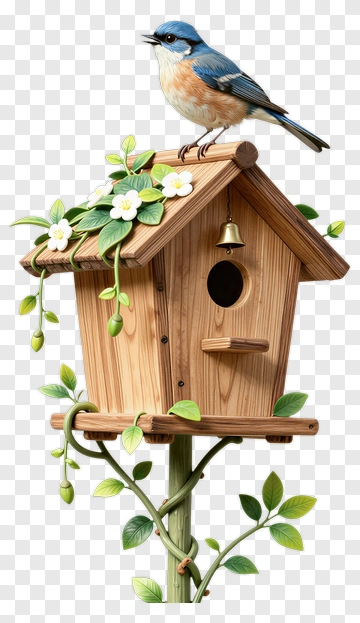 Bird On A Wooden Birdhouse With Flowers PNG