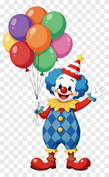 Cartoon Clown Holding Colorful Balloons PNG