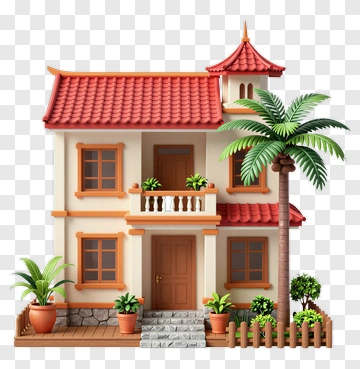 3D House With Palm Trees And Potted Plants PNG