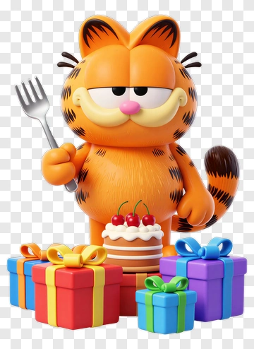 Cartoon Cat Holding A Fork With Birthday Cake And Presents PNG