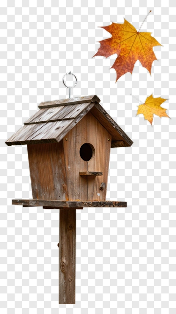 Wooden Birdhouse With Autumn Leaves PNG