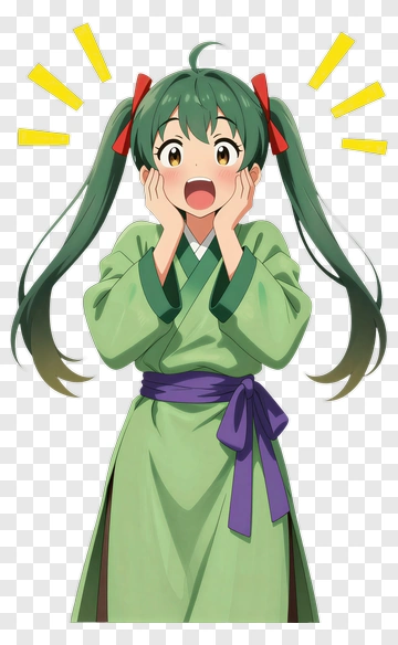 Excited Girl In Green Kimono With Red Hair Ribbons PNG