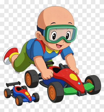 Cartoon Boy Playing With A Toy Race Car PNG