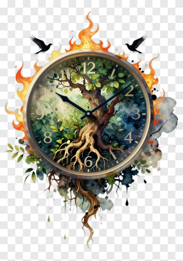 Tree Clock With Flames And Birds PNG