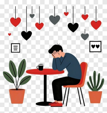 Sad Man Sitting At A Table Surrounded By Hearts PNG