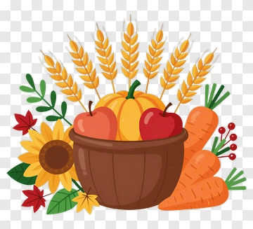 Harvest Basket With Apples, Carrots, And Wheat PNG