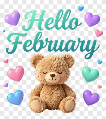 Cute Teddy Bear With Hearts And Hello February Text PNG