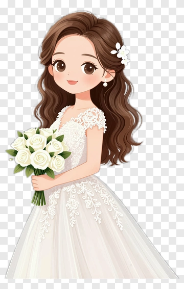 Cartoon Bride Holding A Bouquet Of White Roses PNG