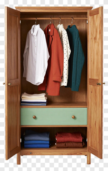 Wooden Wardrobe With Hanging Clothes And Folded Garments PNG