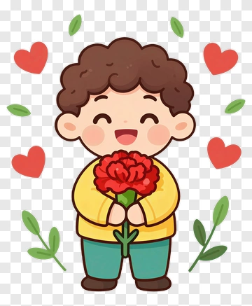 Cartoon Boy Holding A Red Carnation PNG
