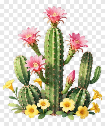 Cactus With Pink Flowers And Yellow Blooms PNG