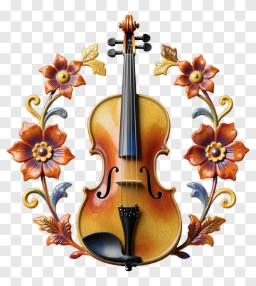 Violin Surrounded By Floral Decorations PNG