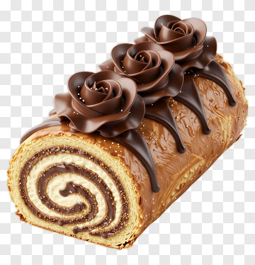 Chocolate Swiss Roll With Decorative Roses PNG